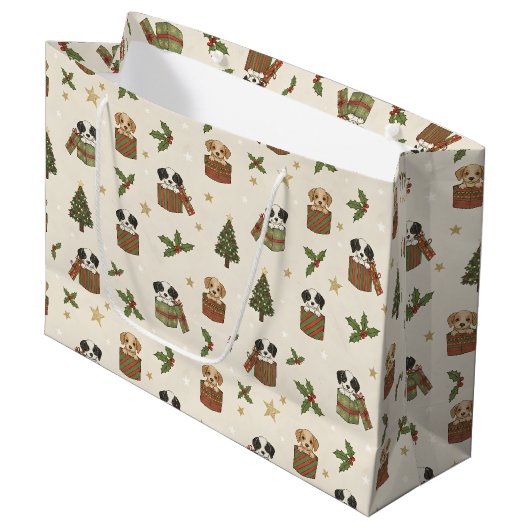 Grand Sac Cadeau Tan and Black & White Puppies Christmas Pattern (Devant Angle)