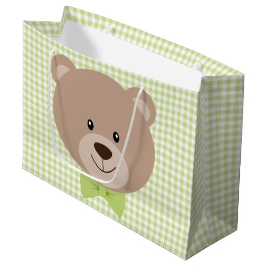 GRAND SAC CADEAU TAN TEDDY BEAR AVEC VERT BOIS CRAVATE & EN VICHY P (Devant Angle)