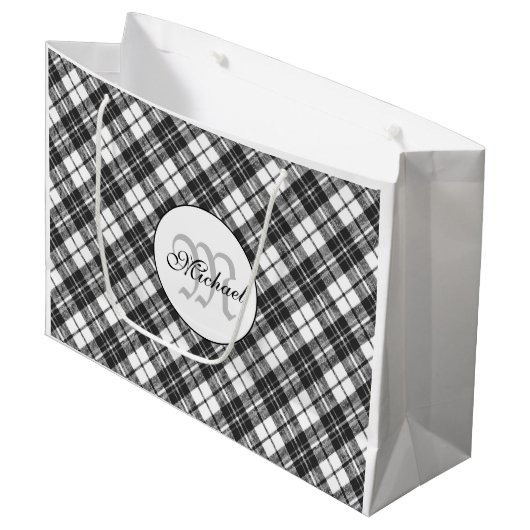 Grand Sac Cadeau Tartan motif Noël noir blanc Monogramme (Devant Angle)