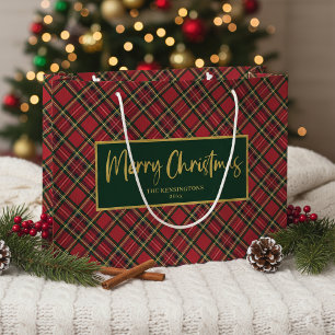 Grand Sac Cadeau Tartan Plaid Gold Script Joyeux Noël