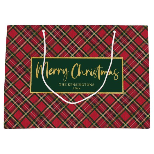 Grand Sac Cadeau Tartan Plaid Gold Script Joyeux Noël (Devant)