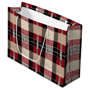 Grand Sac Cadeau Tartan rouge classique et noir - Rustique tissé