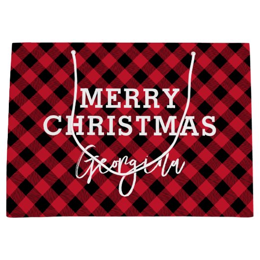 Grand Sac Cadeau Tartan rouge patiné Nom Noël (Devant)