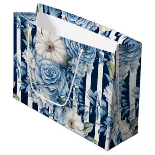 Grand Sac Cadeau Tenue de Mariée Florale à Rayures Blanches et Bleu