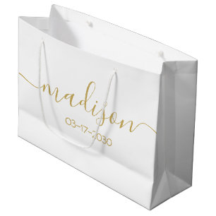 Grand Sac Cadeau Texte de nom personnalisé féminin doré blanc scrip