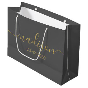 Grand Sac Cadeau Texte de nom personnalisé Féminin Doré Gris Script
