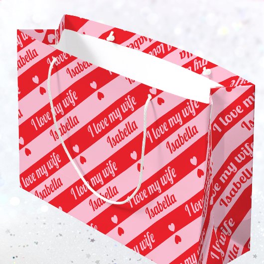 Grand Sac Cadeau Texte personnalisé Coeurs rayures Saint Valentin r