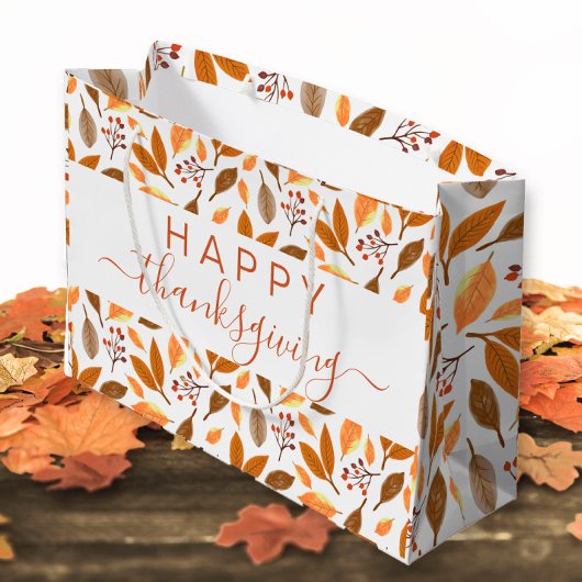 Grand Sac Cadeau Thanksgiving Gift Bag – Grateful with Fall Leaves 