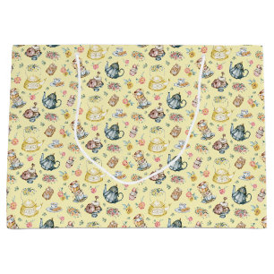 Grand Sac Cadeau Thé d'après-midi vintage et Motif Rose sur Jaune