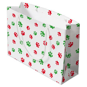 Grand Sac Cadeau Thème de Noël Motif Empreintes de Pattes Rouges et