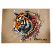 Grand Sac Cadeau Tigre de Steampunk avec illustration Rose. (Devant)