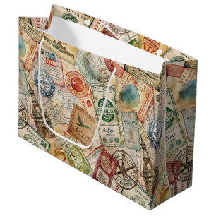 Grand Sac Cadeau Timbre de passeport rustique motif voyage (5)