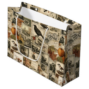 Grand Sac Cadeau Timbres Antiques Oiseaux Automne Rustique Citrouil