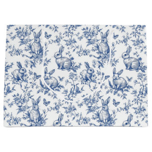 Grand Sac Cadeau Toile Bleue De Jouy Bunny Pâques