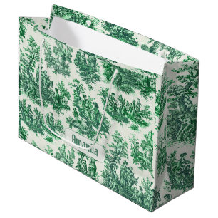 Grand Sac Cadeau Toile de Jouy Florale Verte Vintage Monogramme
