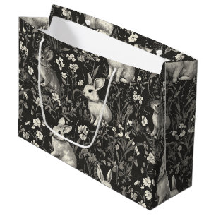 Grand Sac Cadeau Toile de lapin français en motif floral noir