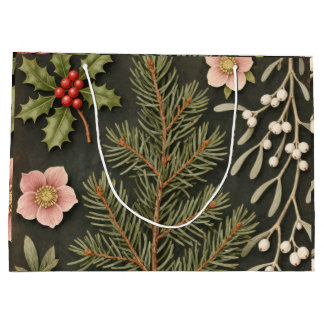 Grand Sac Cadeau Traditionnel Noël Botanique Hivernal Vintage