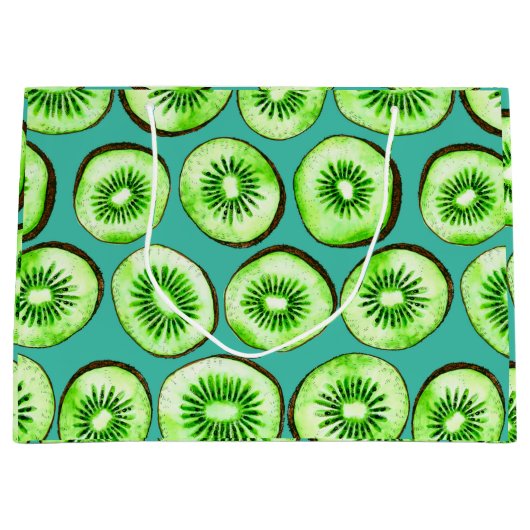 Grand Sac Cadeau Tranches Kiwi sur turquoise (Devant)