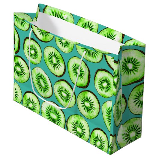 Grand Sac Cadeau Tranches Kiwi sur turquoise (Devant Angle)