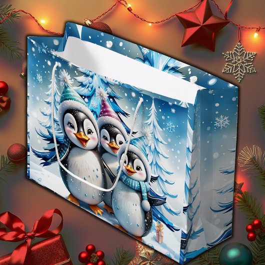 Grand Sac Cadeau Trois adorables pingouins