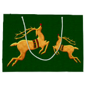 Grand Sac Cadeau Trois rennes à sauter sur le Damas vert (Dos)
