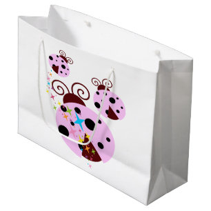 Grand Sac Cadeau Trois roses et coccinelle noire avec des étoiles