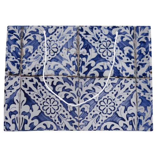 Grand Sac Cadeau Tuiles portugaises - Azulejo Floral bleu et blanc (Devant)