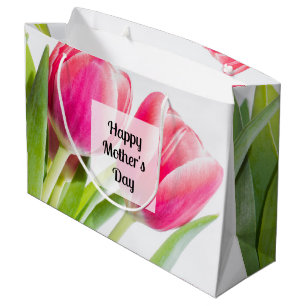 Grand Sac Cadeau Tulipes roses avec Feuilles verts Photo Fête des m