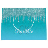 Grand Sac Cadeau Turquoise bleu parties scintillant goutte monogram (Devant)