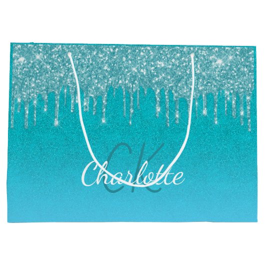 Grand Sac Cadeau Turquoise bleu parties scintillant goutte monogram (Dos)