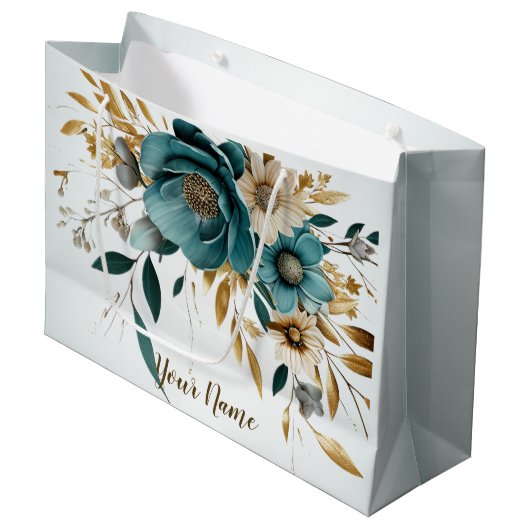Grand Sac Cadeau Turquoise Fleur Blanche Feuilles Dorées Élégant (Devant Angle)