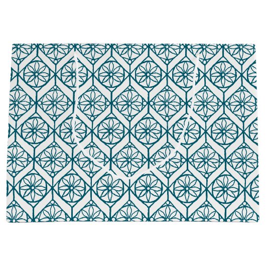 Grand Sac Cadeau Turquoise sur Motif ethnique blanc, Fleurs, Chevro (Devant)