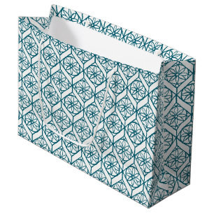 Grand Sac Cadeau Turquoise sur Motif ethnique blanc, Fleurs, Chevro