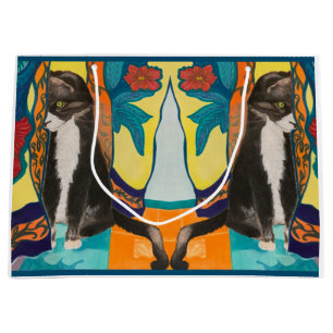 Grand Sac Cadeau Tuxedo Cat Folk Art