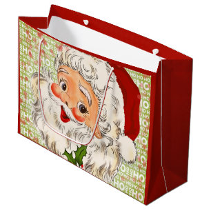 Grand Sac Cadeau Un joyeux Père Noël aux joues roses avec du houx,