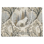 Grand Sac Cadeau Une forêt d'hiver paisible avec des loups blancs (Devant)