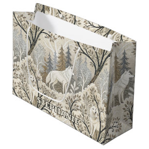 Grand Sac Cadeau Une forêt d'hiver paisible avec des loups blancs