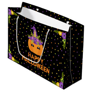Grand Sac Cadeau Unicorn Citrouille Happy Halloween noir grand cade
