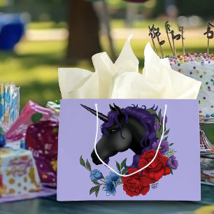 Grand Sac Cadeau Unicorne noire et fleurs