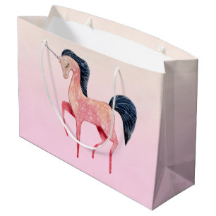 Grand Sac Cadeau Unicorne nordique rose avec Mane noir