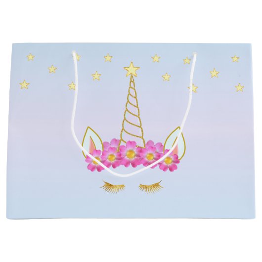 Grand Sac Cadeau Unicorne royale, Fleurs et étoiles sur bleu clair (Devant)