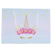 Grand Sac Cadeau Unicorne royale, Fleurs et étoiles sur bleu clair (Dos)