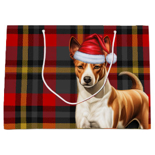 Grand Sac Cadeau Vacances de Chien Basenji Rouge et Vert Plaid
