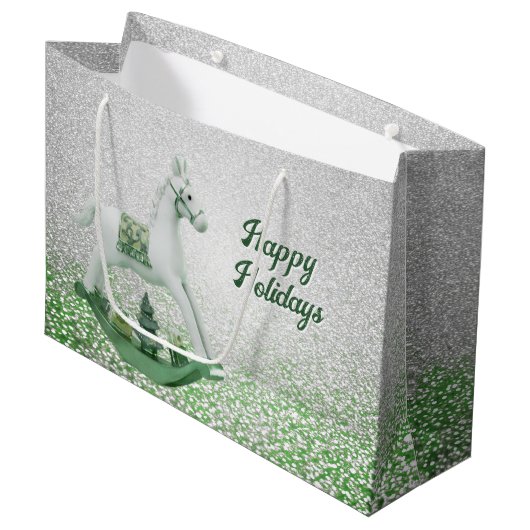 Grand Sac Cadeau Vacances de Noël vert à Cheval Blanc (Devant Angle)