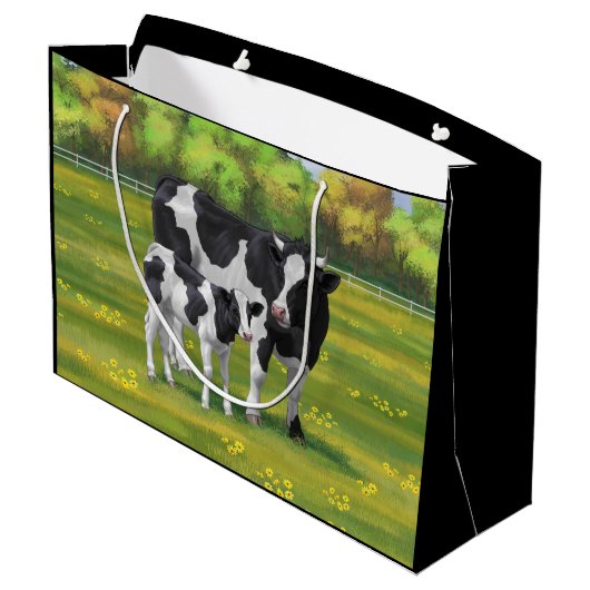 Grand Sac Cadeau Vache Holstein et veau mignon en pâturage d'été (Dos Angle)