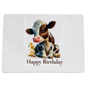 Grand Sac Cadeau Vache Joyeux Anniversaire Blancs (Devant)
