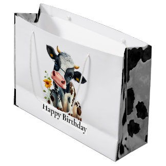 Grand Sac Cadeau Vache laitière Joyeux Anniversaire Blanc