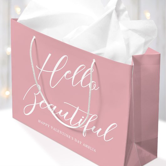 Grand Sac Cadeau Valentine's Day Gift Bag Elegant Script Pink White