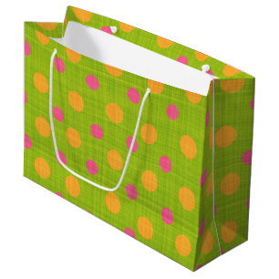 GRAND SAC CADEAU VERT AVEC POIS ROSE & ORANGE