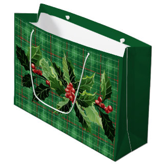 Grand Sac Cadeau Vert de Noël à carreaux avec couronne
